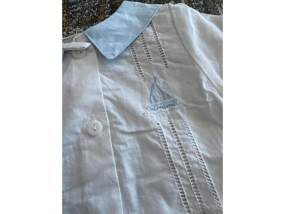 Baby Boutross 12 Month White smock Romper Light Blue Sailboat Embroidery Boys - Picture 2 of 3